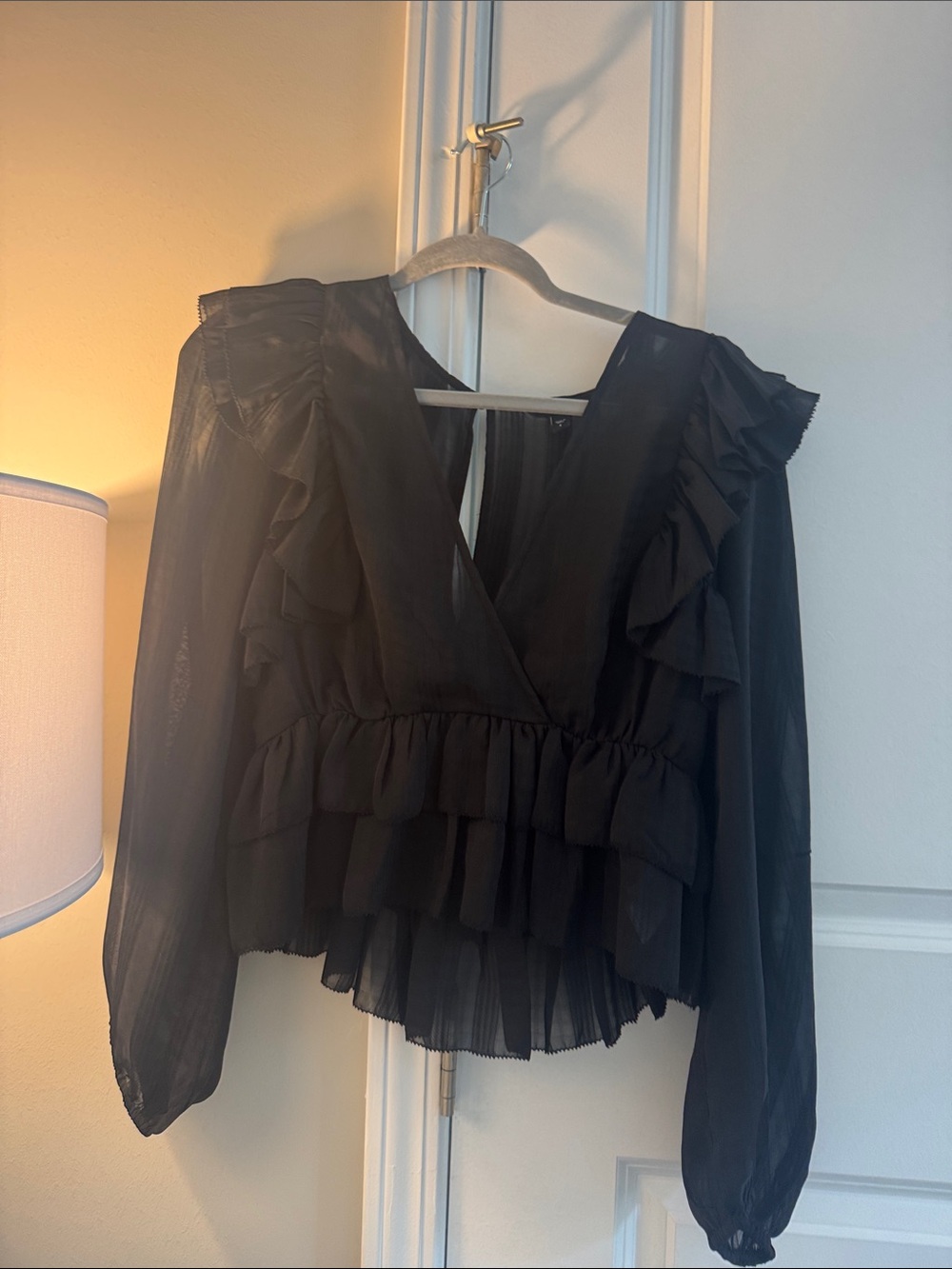 Express Black Ruffled V-Neck Long Sleeve Blouse